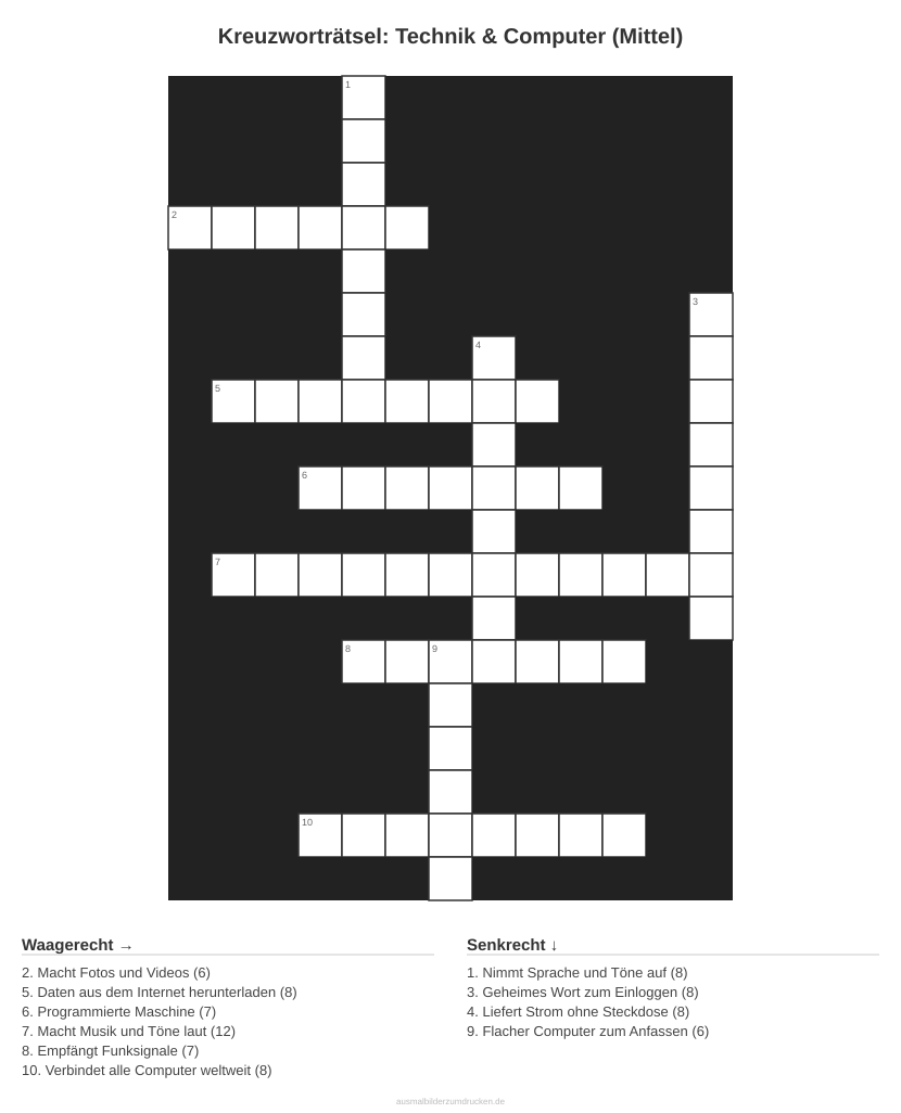 Kreuzworträtsel Kreuzworträtsel: Technik & Computer (Mittel) aus der Kategorie Technik - kostenlos ausdrucken