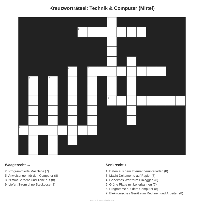 Kreuzworträtsel Kreuzworträtsel: Technik & Computer (Mittel) aus der Kategorie Technik - kostenlos ausdrucken