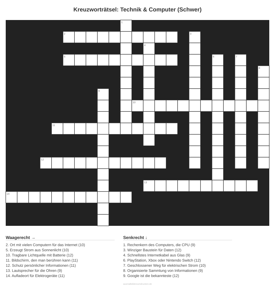 Kreuzworträtsel Kreuzworträtsel: Technik & Computer (Schwer) aus der Kategorie Technik - kostenlos ausdrucken