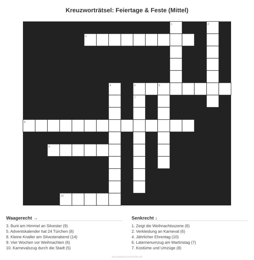 Kreuzworträtsel Kreuzworträtsel: Feiertage & Feste (Mittel) aus der Kategorie Feste - kostenlos ausdrucken