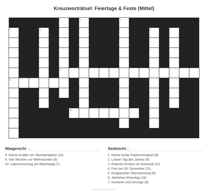 Kreuzworträtsel Kreuzworträtsel: Feiertage & Feste (Mittel) aus der Kategorie Feste - kostenlos ausdrucken