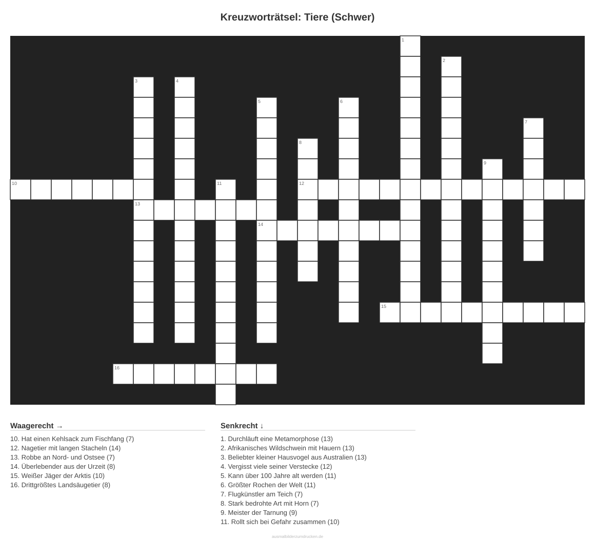 Kreuzworträtsel Kreuzworträtsel: Tiere (Schwer) aus der Kategorie Tiere - kostenlos ausdrucken