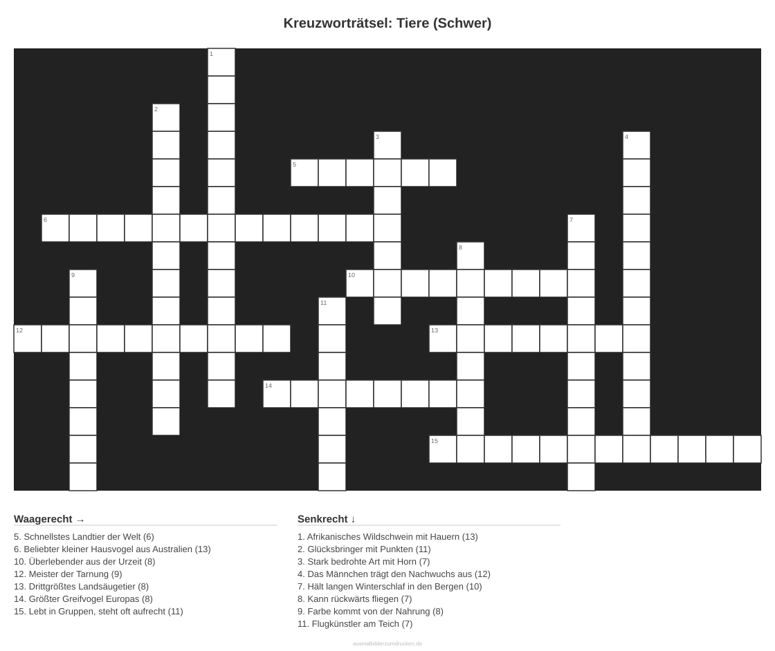 Kreuzworträtsel Kreuzworträtsel: Tiere (Schwer) aus der Kategorie Tiere - kostenlos ausdrucken