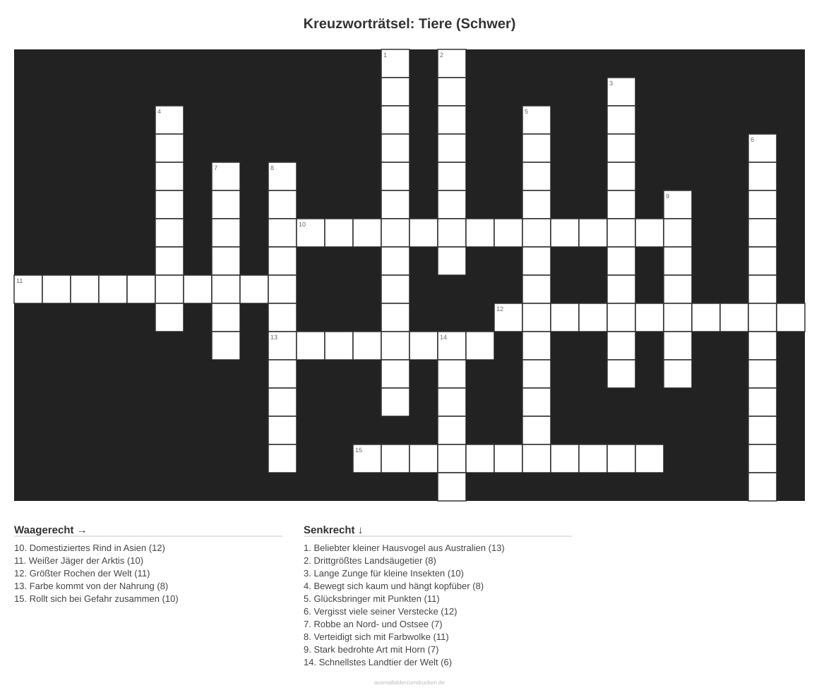 Kreuzworträtsel Kreuzworträtsel: Tiere (Schwer) aus der Kategorie Tiere - kostenlos ausdrucken