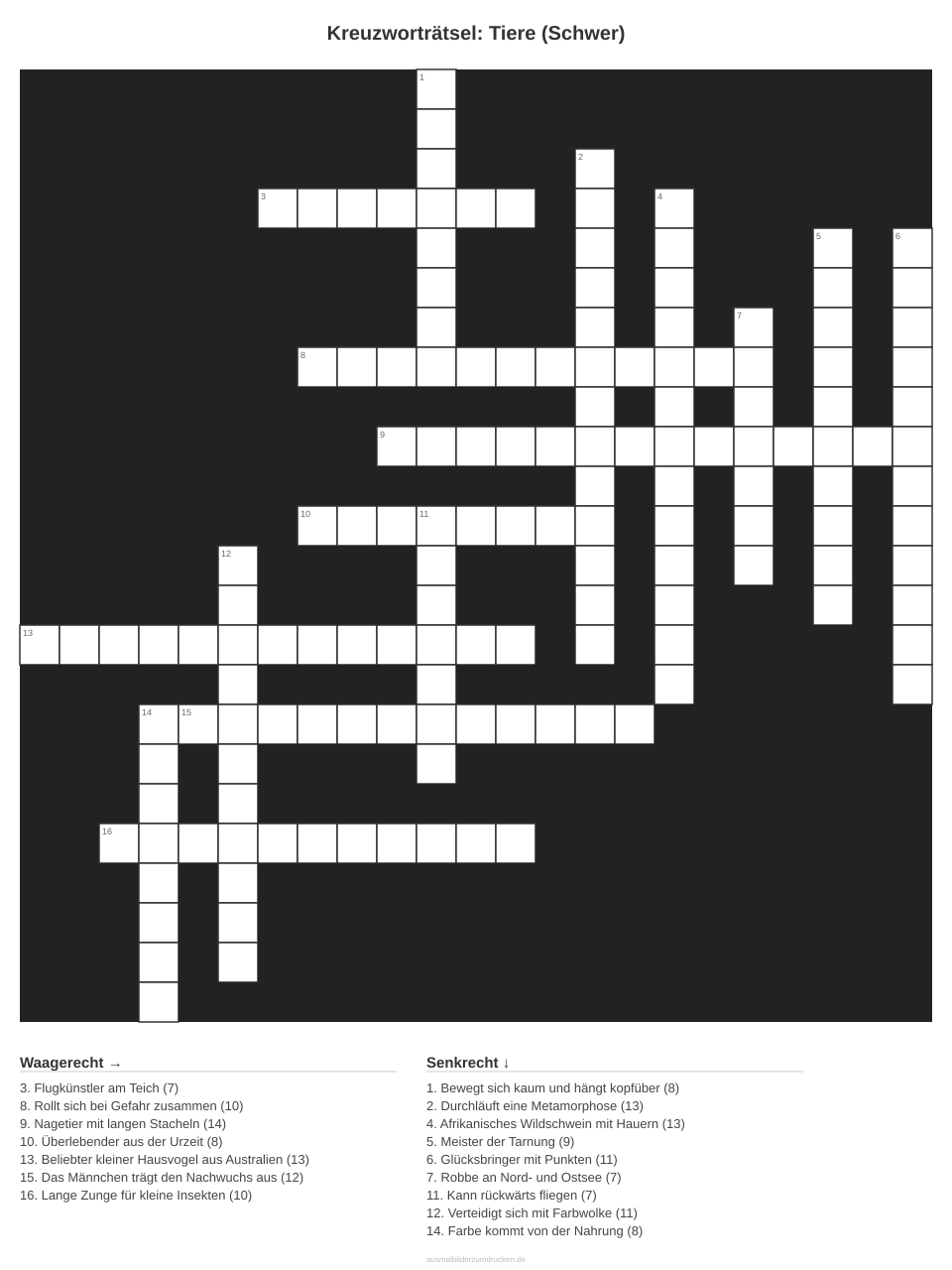 Kreuzworträtsel Kreuzworträtsel: Tiere (Schwer) aus der Kategorie Tiere - kostenlos ausdrucken