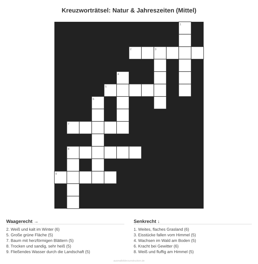 Kreuzworträtsel Kreuzworträtsel: Natur & Jahreszeiten (Mittel) aus der Kategorie Natur - kostenlos ausdrucken