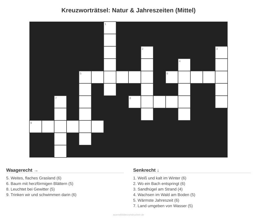Kreuzworträtsel Kreuzworträtsel: Natur & Jahreszeiten (Mittel) aus der Kategorie Natur - kostenlos ausdrucken