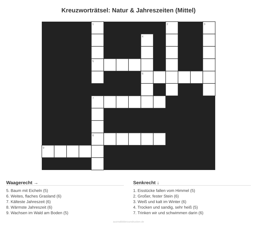 Kreuzworträtsel Kreuzworträtsel: Natur & Jahreszeiten (Mittel) aus der Kategorie Natur - kostenlos ausdrucken