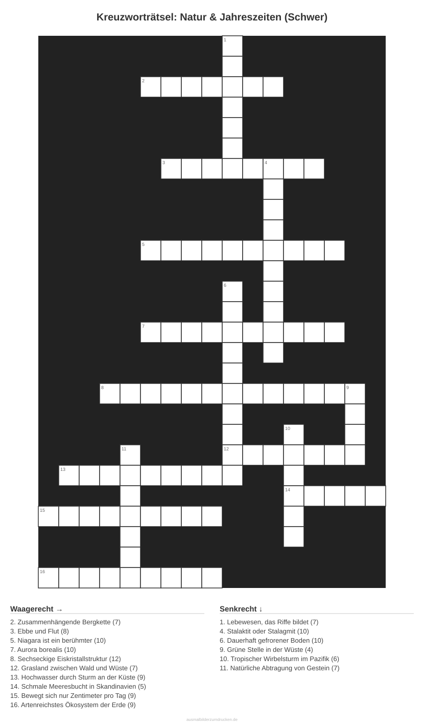 Kreuzworträtsel Kreuzworträtsel: Natur & Jahreszeiten (Schwer) aus der Kategorie Natur - kostenlos ausdrucken