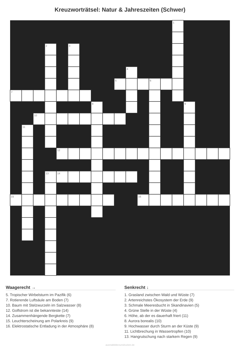 Kreuzworträtsel Kreuzworträtsel: Natur & Jahreszeiten (Schwer) aus der Kategorie Natur - kostenlos ausdrucken