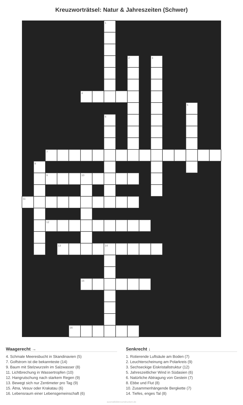 Kreuzworträtsel Kreuzworträtsel: Natur & Jahreszeiten (Schwer) aus der Kategorie Natur - kostenlos ausdrucken