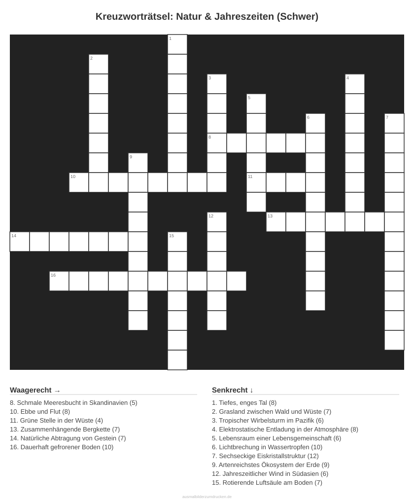 Kreuzworträtsel Kreuzworträtsel: Natur & Jahreszeiten (Schwer) aus der Kategorie Natur - kostenlos ausdrucken