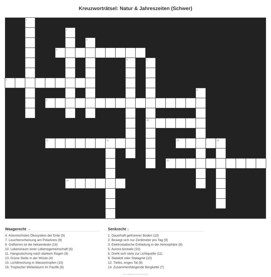 Kreuzworträtsel Kreuzworträtsel: Natur & Jahreszeiten (Schwer) aus der Kategorie Natur - kostenlos ausdrucken