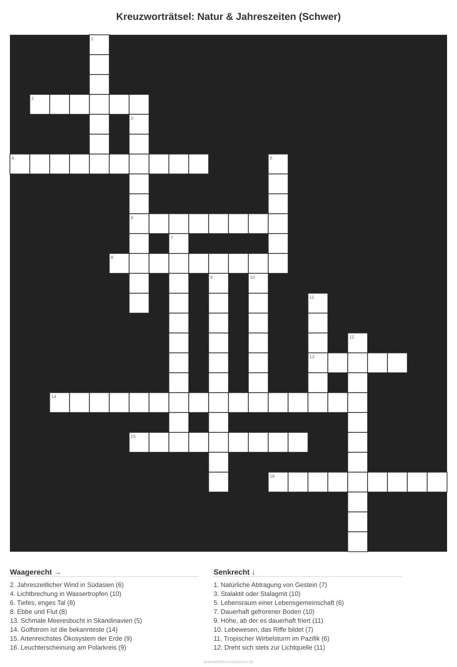 Kreuzworträtsel Kreuzworträtsel: Natur & Jahreszeiten (Schwer) aus der Kategorie Natur - kostenlos ausdrucken
