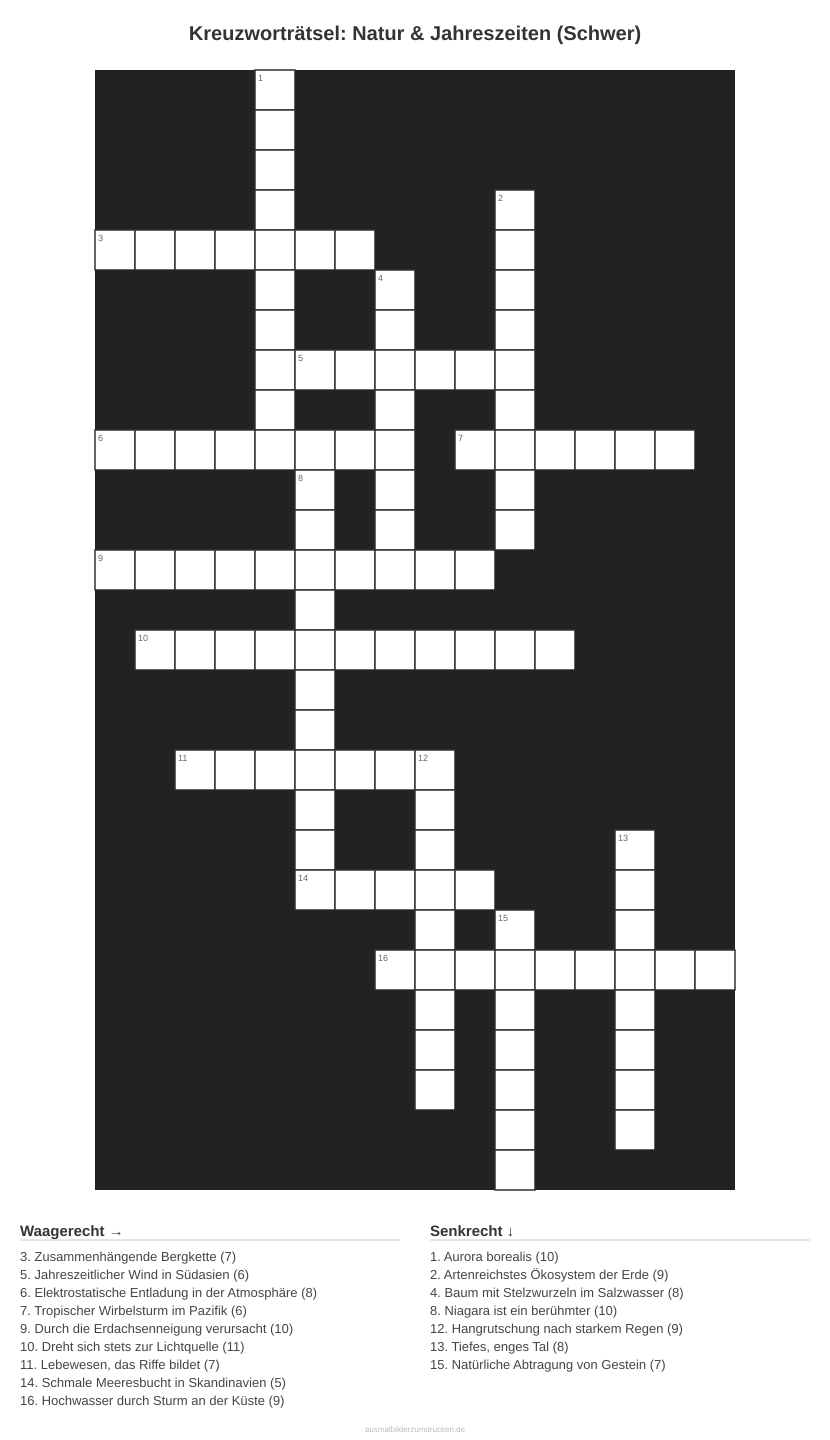 Kreuzworträtsel Kreuzworträtsel: Natur & Jahreszeiten (Schwer) aus der Kategorie Natur - kostenlos ausdrucken