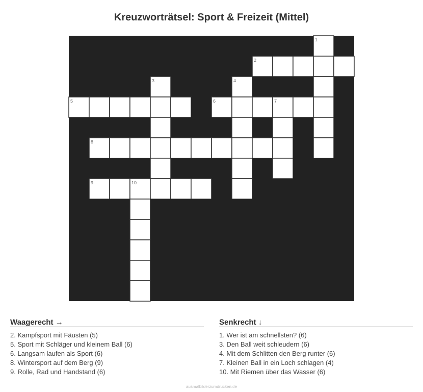 Kreuzworträtsel Kreuzworträtsel: Sport & Freizeit (Mittel) aus der Kategorie Sport - kostenlos ausdrucken
