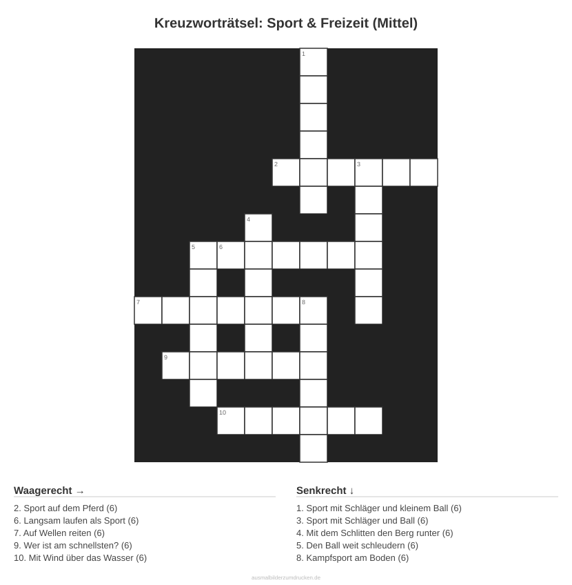 Kreuzworträtsel Kreuzworträtsel: Sport & Freizeit (Mittel) aus der Kategorie Sport - kostenlos ausdrucken