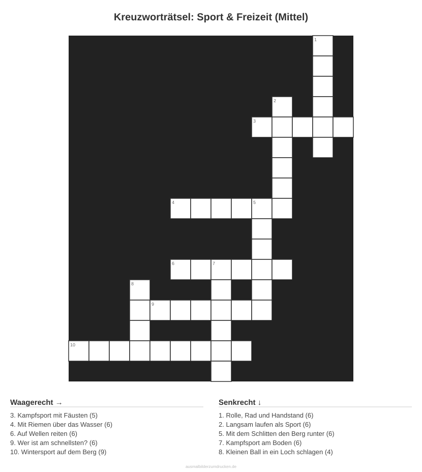 Kreuzworträtsel Kreuzworträtsel: Sport & Freizeit (Mittel) aus der Kategorie Sport - kostenlos ausdrucken