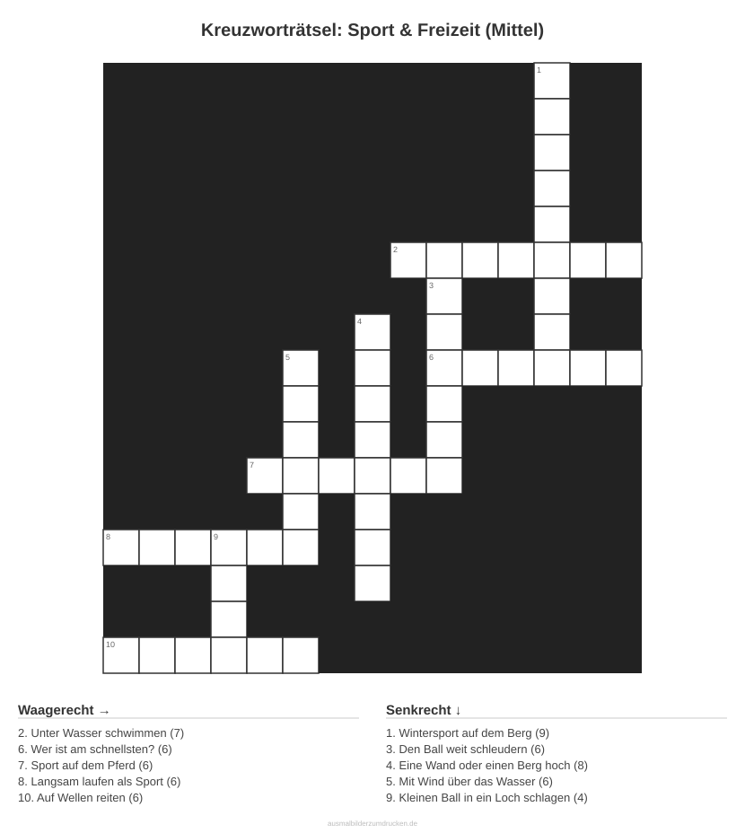 Kreuzworträtsel Kreuzworträtsel: Sport & Freizeit (Mittel) aus der Kategorie Sport - kostenlos ausdrucken