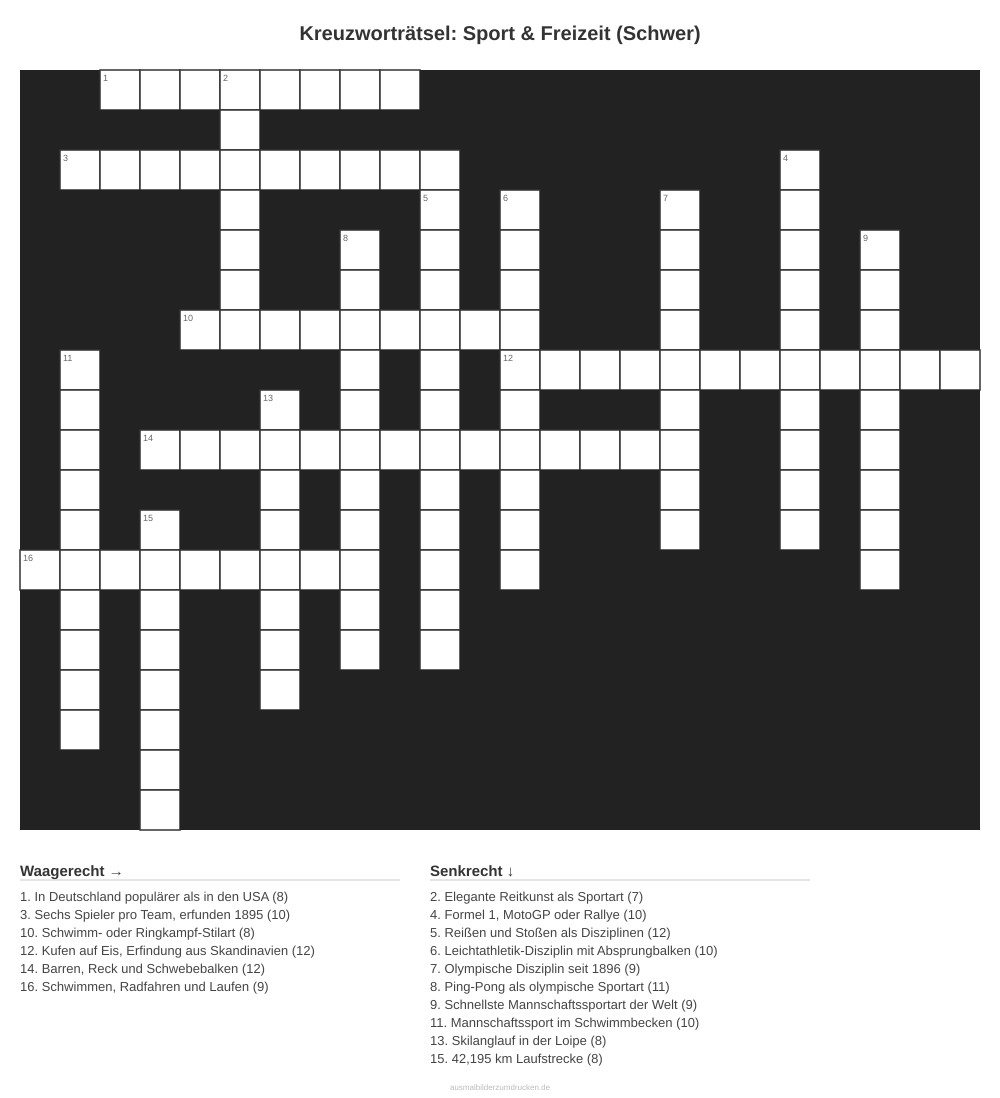Kreuzworträtsel Kreuzworträtsel: Sport & Freizeit (Schwer) aus der Kategorie Sport - kostenlos ausdrucken