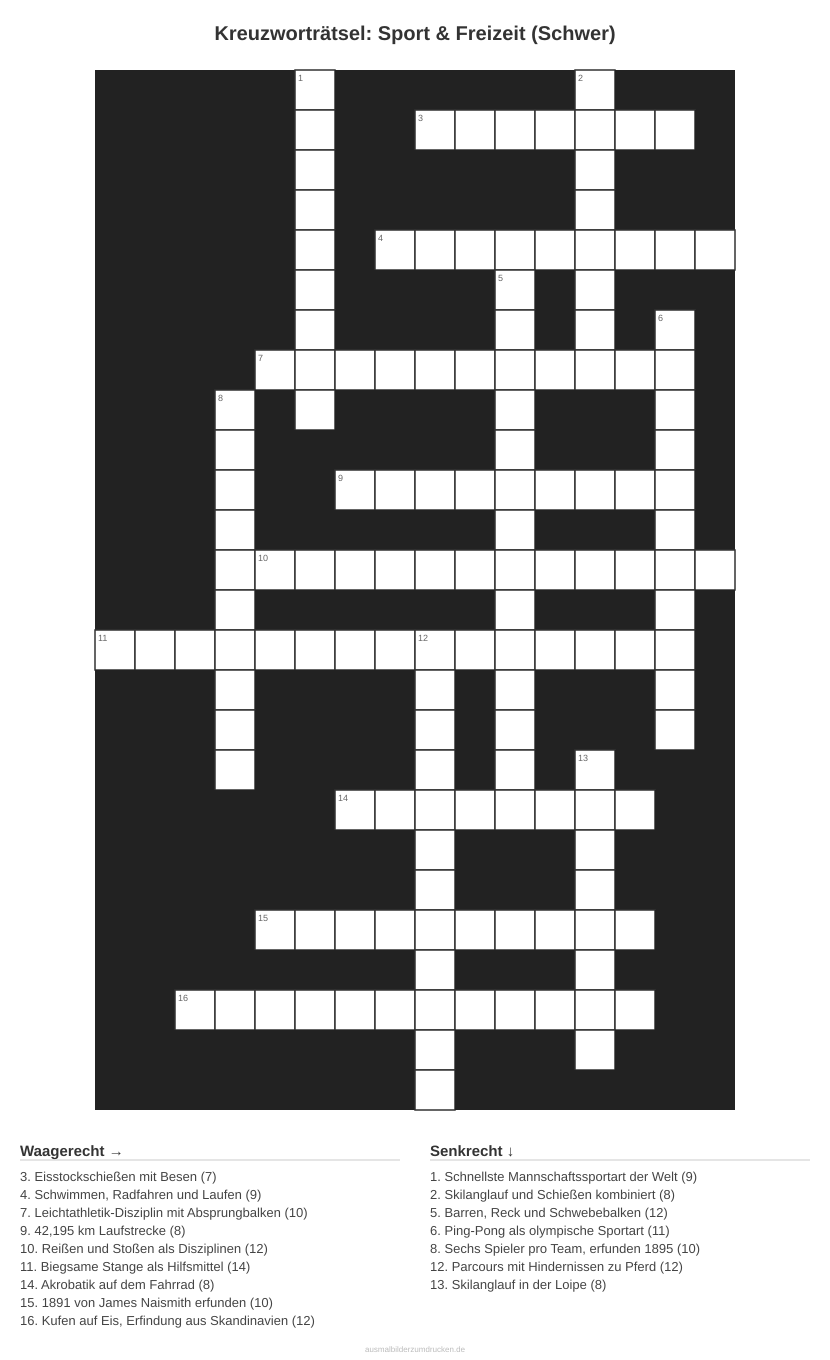 Kreuzworträtsel Kreuzworträtsel: Sport & Freizeit (Schwer) aus der Kategorie Sport - kostenlos ausdrucken