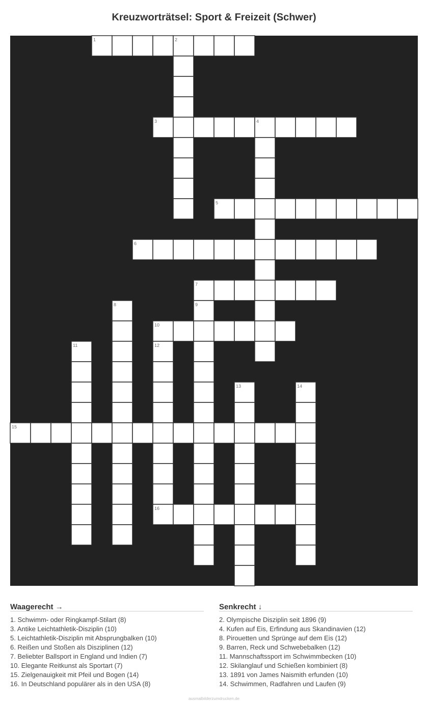 Kreuzworträtsel Kreuzworträtsel: Sport & Freizeit (Schwer) aus der Kategorie Sport - kostenlos ausdrucken