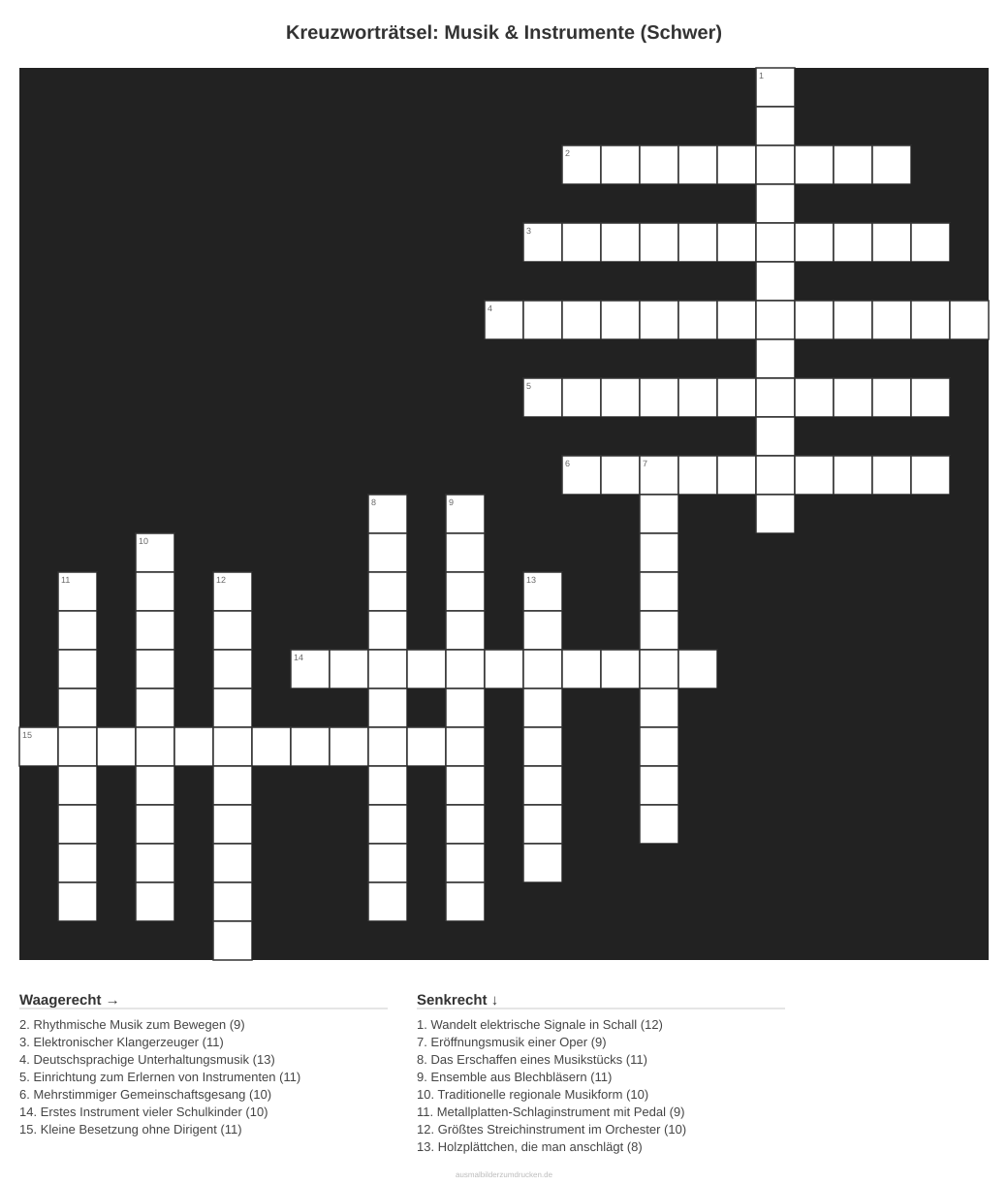 Kreuzworträtsel Kreuzworträtsel: Musik & Instrumente (Schwer) aus der Kategorie Musik - kostenlos ausdrucken
