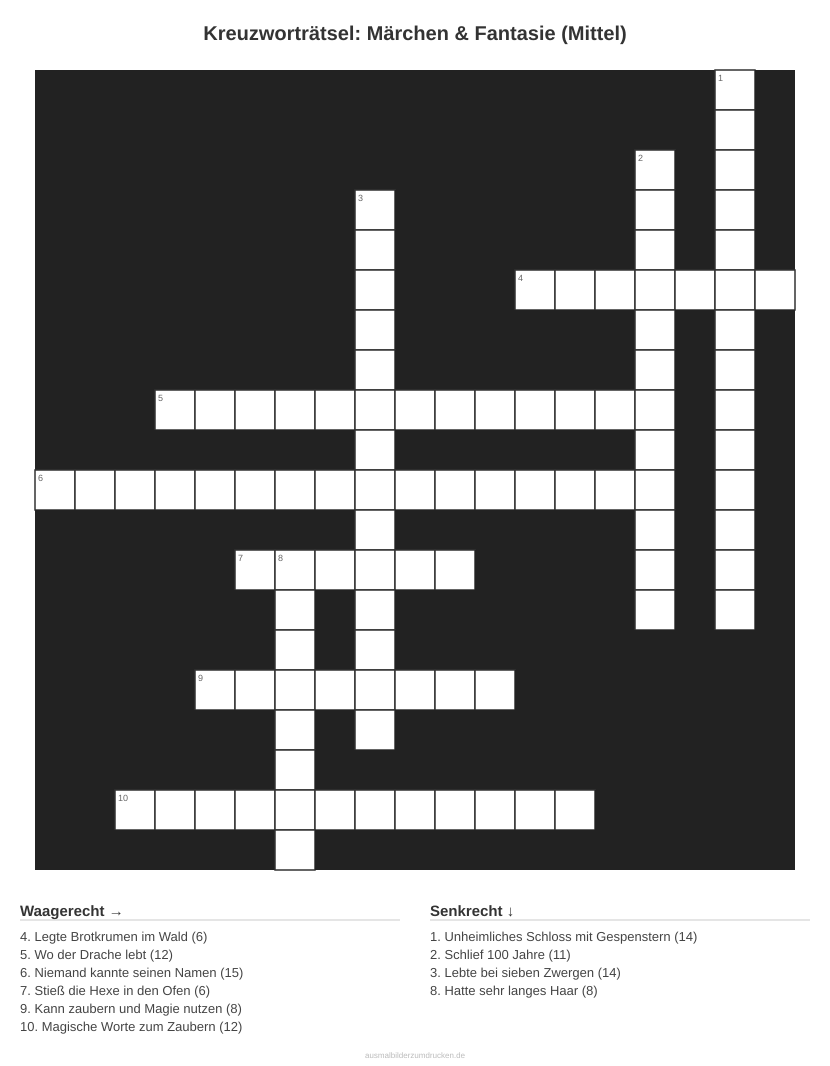 Kreuzworträtsel Kreuzworträtsel: Märchen & Fantasie (Mittel) aus der Kategorie Märchen - kostenlos ausdrucken