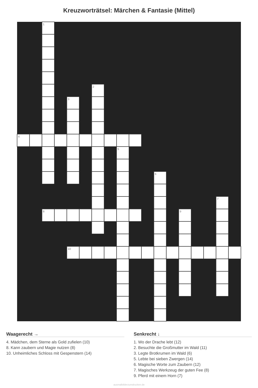 Kreuzworträtsel Kreuzworträtsel: Märchen & Fantasie (Mittel) aus der Kategorie Märchen - kostenlos ausdrucken