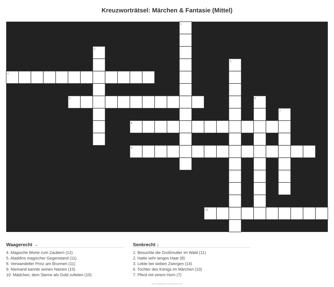 Kreuzworträtsel Kreuzworträtsel: Märchen & Fantasie (Mittel) aus der Kategorie Märchen - kostenlos ausdrucken