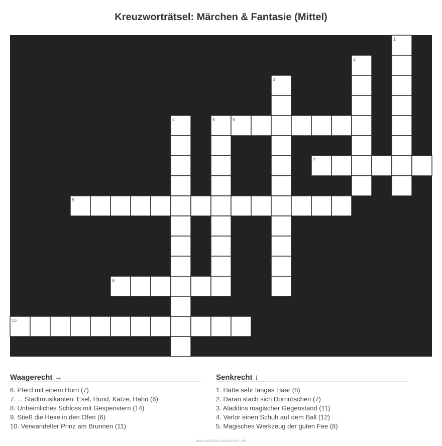Kreuzworträtsel Kreuzworträtsel: Märchen & Fantasie (Mittel) aus der Kategorie Märchen - kostenlos ausdrucken
