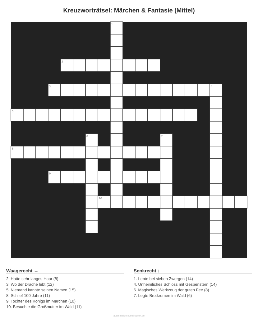 Kreuzworträtsel Kreuzworträtsel: Märchen & Fantasie (Mittel) aus der Kategorie Märchen - kostenlos ausdrucken