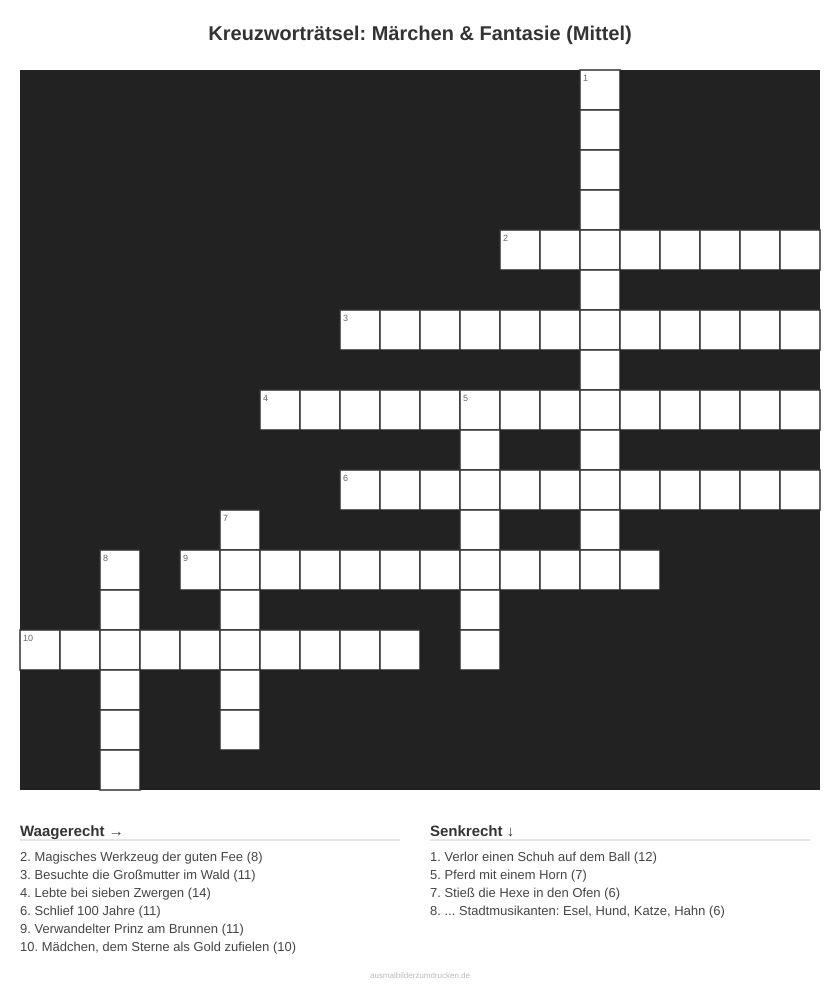 Kreuzworträtsel Kreuzworträtsel: Märchen & Fantasie (Mittel) aus der Kategorie Märchen - kostenlos ausdrucken
