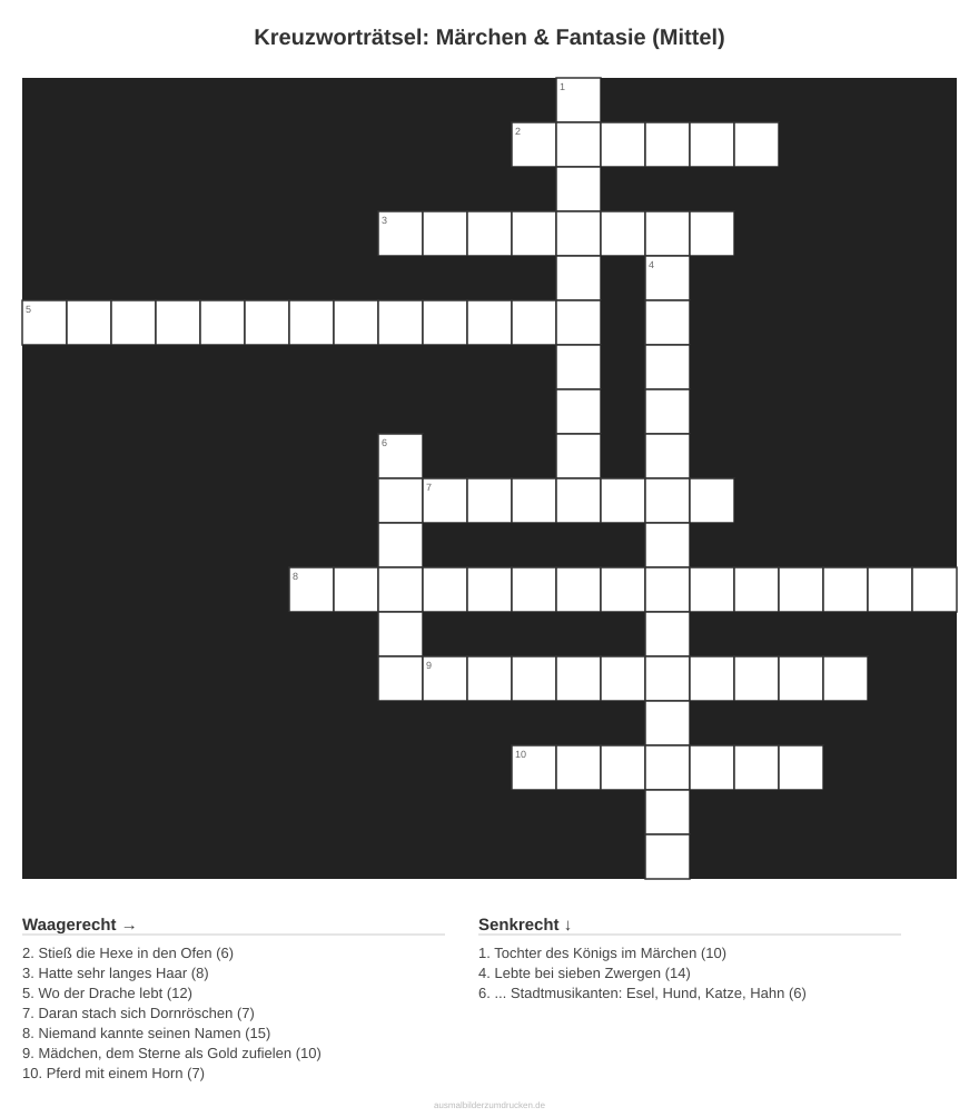 Kreuzworträtsel Kreuzworträtsel: Märchen & Fantasie (Mittel) aus der Kategorie Märchen - kostenlos ausdrucken