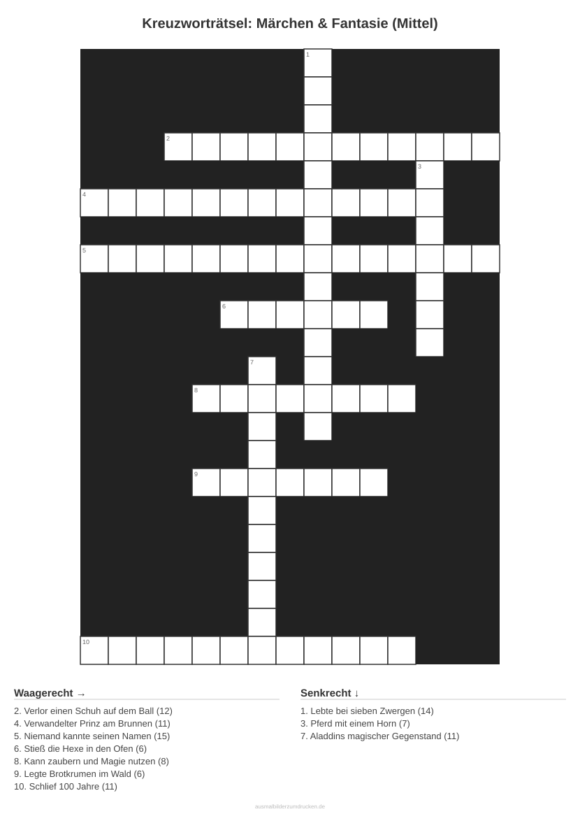 Kreuzworträtsel Kreuzworträtsel: Märchen & Fantasie (Mittel) aus der Kategorie Märchen - kostenlos ausdrucken