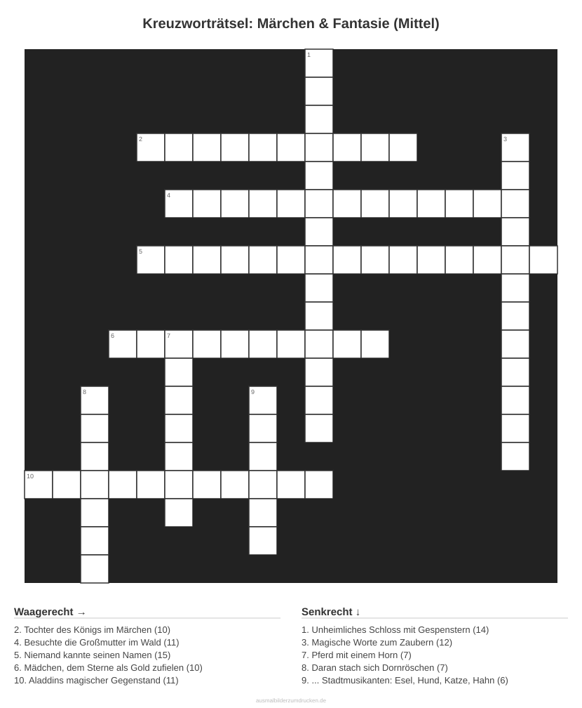 Kreuzworträtsel Kreuzworträtsel: Märchen & Fantasie (Mittel) aus der Kategorie Märchen - kostenlos ausdrucken