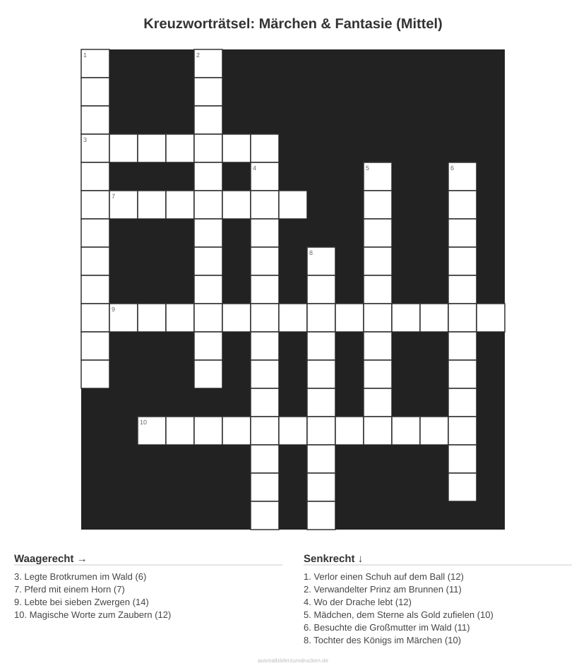 Kreuzworträtsel Kreuzworträtsel: Märchen & Fantasie (Mittel) aus der Kategorie Märchen - kostenlos ausdrucken