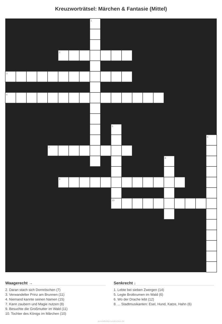 Kreuzworträtsel Kreuzworträtsel: Märchen & Fantasie (Mittel) aus der Kategorie Märchen - kostenlos ausdrucken