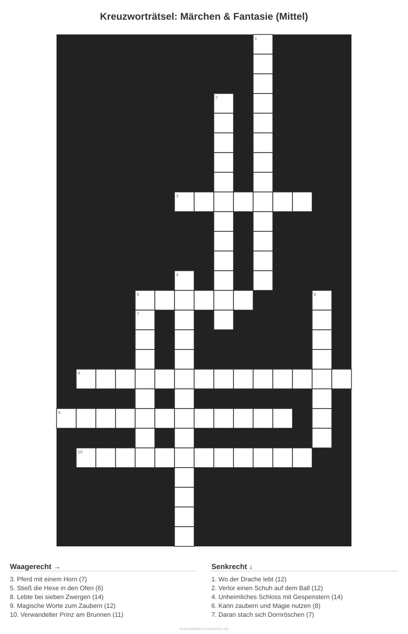 Kreuzworträtsel Kreuzworträtsel: Märchen & Fantasie (Mittel) aus der Kategorie Märchen - kostenlos ausdrucken