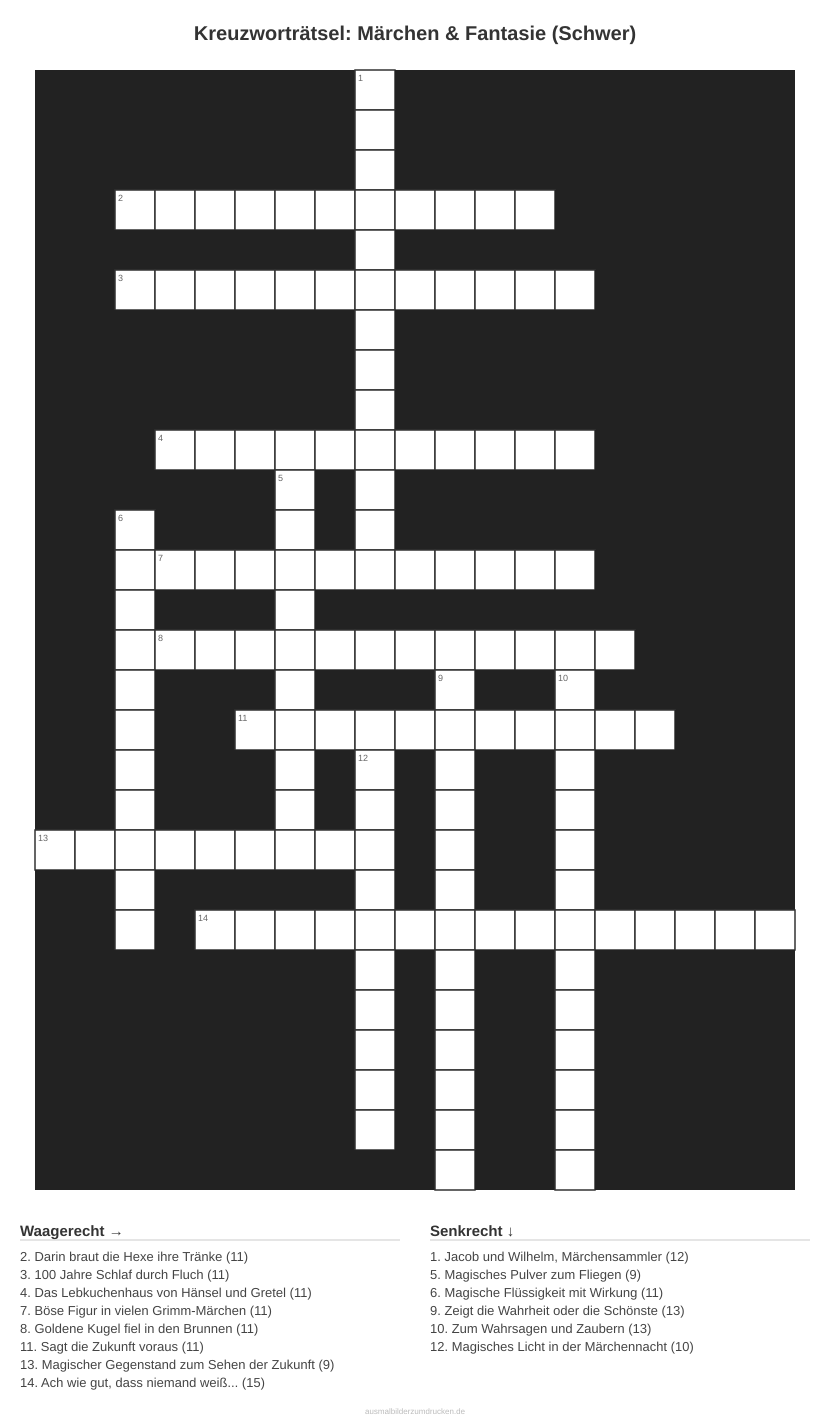 Kreuzworträtsel Kreuzworträtsel: Märchen & Fantasie (Schwer) aus der Kategorie Märchen - kostenlos ausdrucken