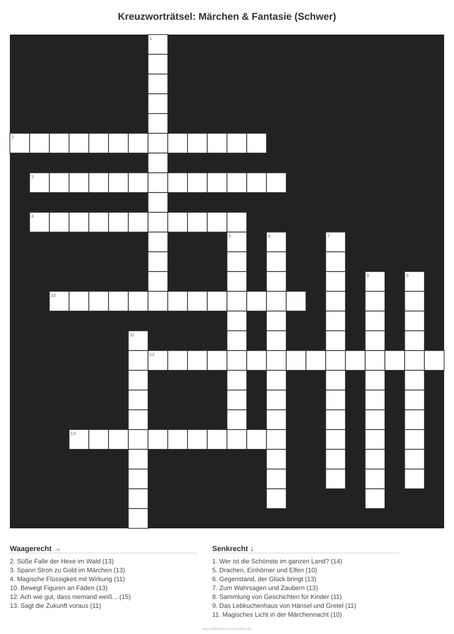Kreuzworträtsel Kreuzworträtsel: Märchen & Fantasie (Schwer) aus der Kategorie Märchen - kostenlos ausdrucken