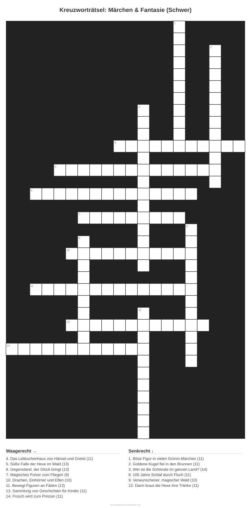 Kreuzworträtsel Kreuzworträtsel: Märchen & Fantasie (Schwer) aus der Kategorie Märchen - kostenlos ausdrucken