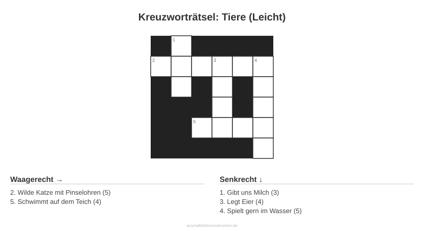 Kreuzworträtsel Kreuzworträtsel: Tiere (Leicht) aus der Kategorie Tiere - kostenlos ausdrucken