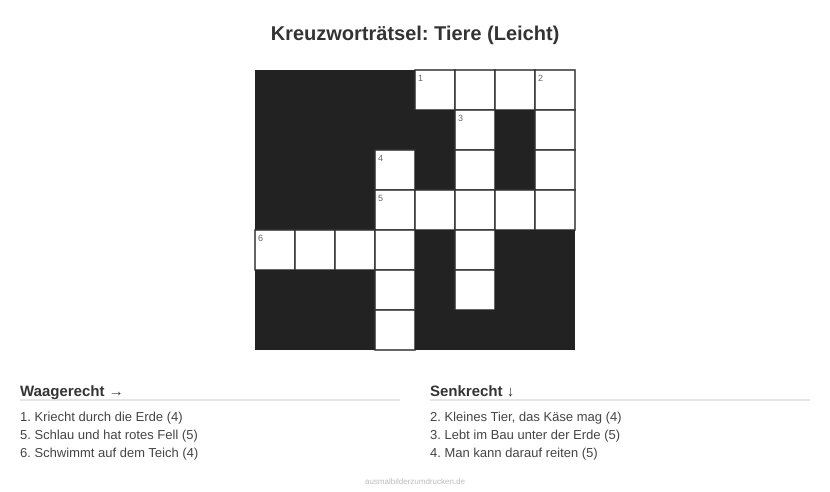 Kreuzworträtsel Kreuzworträtsel: Tiere (Leicht) aus der Kategorie Tiere - kostenlos ausdrucken