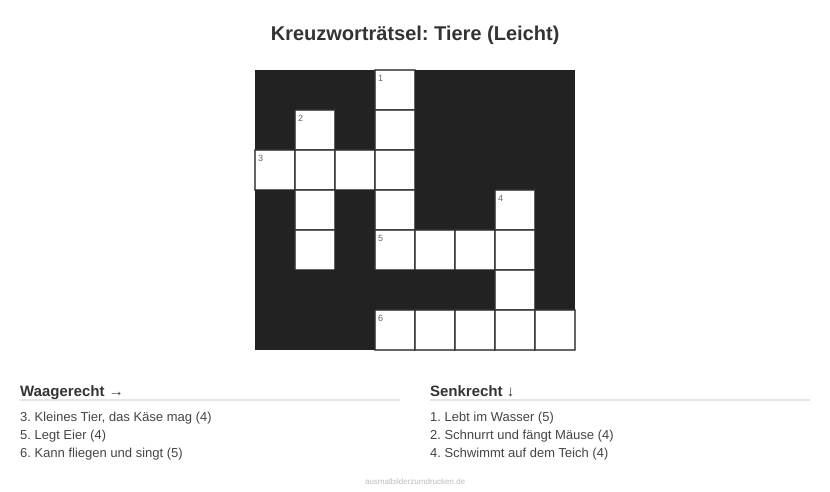Kreuzworträtsel Kreuzworträtsel: Tiere (Leicht) aus der Kategorie Tiere - kostenlos ausdrucken
