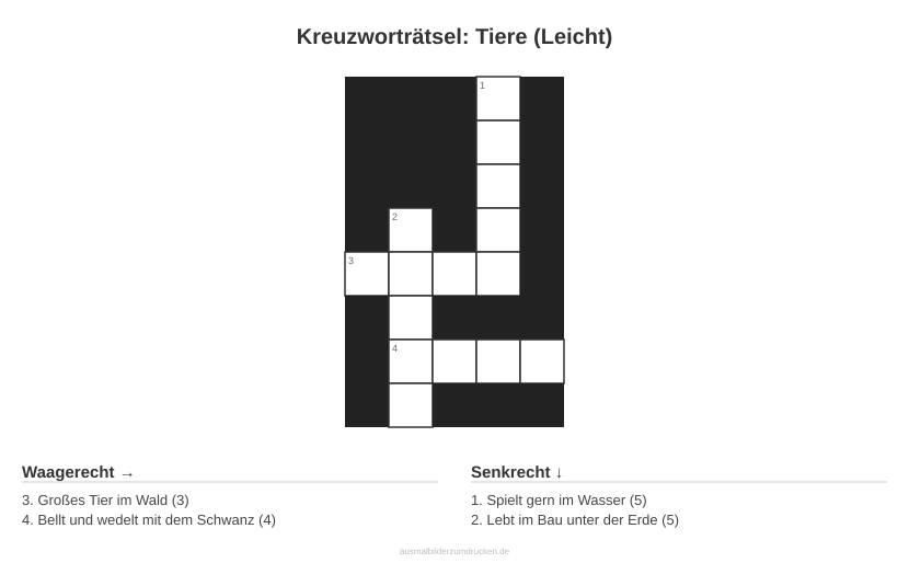 Kreuzworträtsel Kreuzworträtsel: Tiere (Leicht) aus der Kategorie Tiere - kostenlos ausdrucken