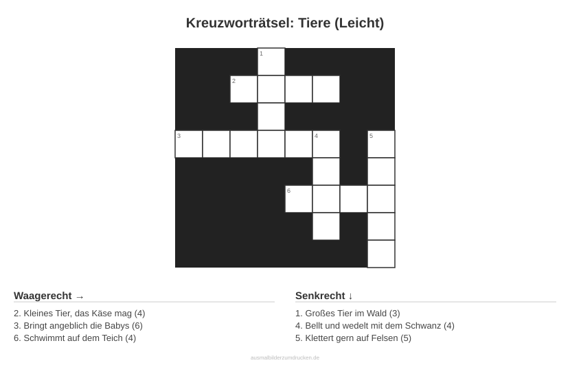Kreuzworträtsel Kreuzworträtsel: Tiere (Leicht) aus der Kategorie Tiere - kostenlos ausdrucken