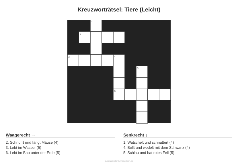 Kreuzworträtsel Kreuzworträtsel: Tiere (Leicht) aus der Kategorie Tiere - kostenlos ausdrucken
