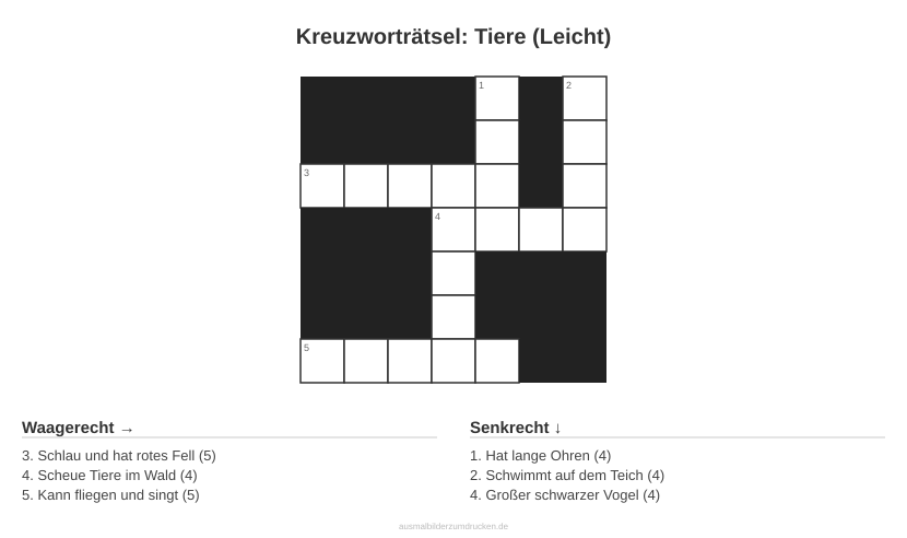Kreuzworträtsel Kreuzworträtsel: Tiere (Leicht) aus der Kategorie Tiere - kostenlos ausdrucken