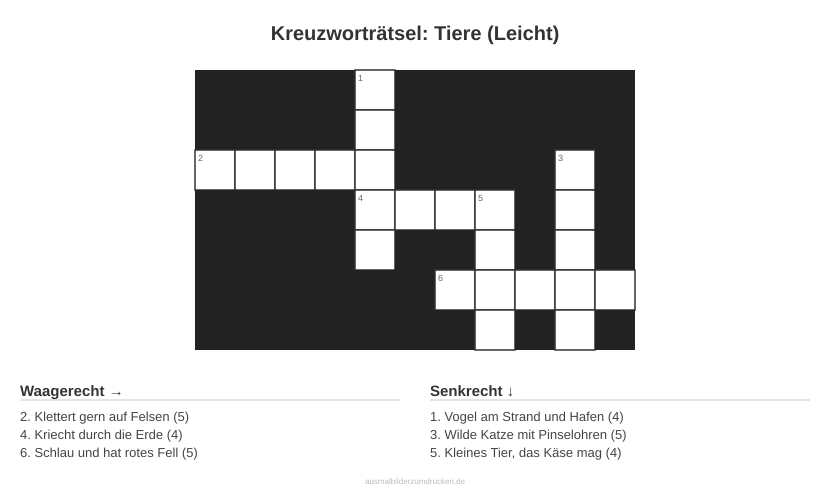 Kreuzworträtsel Kreuzworträtsel: Tiere (Leicht) aus der Kategorie Tiere - kostenlos ausdrucken